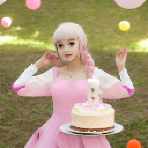 Full body anime-style portrait of a birthday girl in a pink frilly dress, holding a cake with lit candles, surrounded by balloons and confetti.
