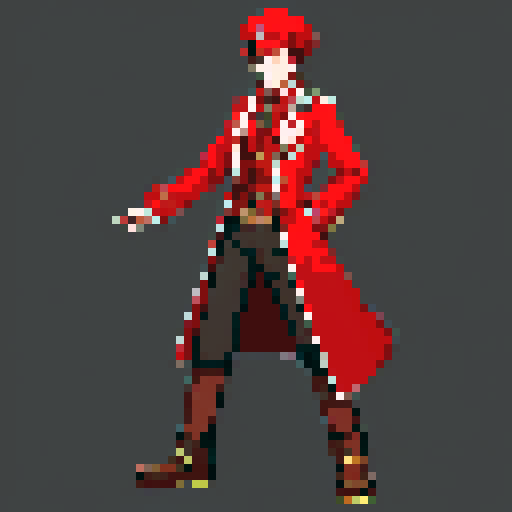 steampunk young man, red coat, red hat, 2D game stance, pixel art, sRGB, full body