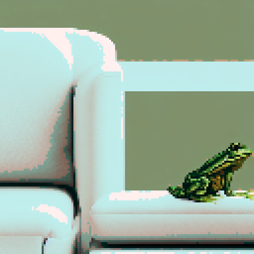 In the cozy ambiance of a dimly lit room, a small, jovial frog perches comfortably upon a plush couch chair, its diminutive size emphasized by the vastness of the furniture. The flickering flames of a nearby fireplace cast a warm glow, enveloping the space in a soft, golden light, creating an atmosphere of comfort and relaxation. With a mug clasped delicately between its tiny webbed fingers, the contented frog takes a sip of steaming coffee, its expression reflecting pure bliss.