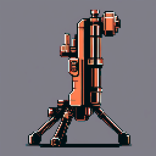 I want a tall vertical copper rotary minigun viewed from from the side. I want this object usable an asset in a videogame, meaning only one object per image, outlined with a strong black stroke, on a solid-color background.