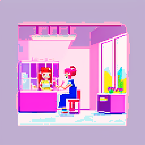 A nail tech wearing a pink apron and a client in a nail salon. 