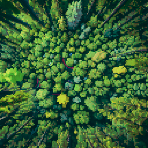 pine forest, pixel art, sRGB, vibrant colors, tall trees, dense foliage, dappled sunlight, moss-covered ground, winding path, birdsong, tranquil atmosphere, cool breeze, ethereal glow