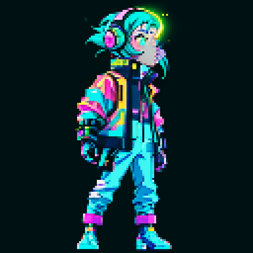 cyberpunk space trader sprite, pixel art, futuristic design, cybernetic arm with intricate detailing, glowing yellow-orange visor over the eyes, trench coat with glowing lines, blue and teal color palette with neon pink and yellow accents, distinct sci-fi aesthetic, confident posture, mid-step left first, left left bent and raised, arms extended, pixel art, sRGB