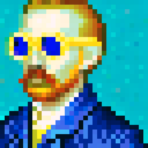 Vincent Van Gogh, king of cryptocurrency, close-up, pixel art portrait capturing his gold Gucci glasses, crown, and Gucci apparel in 32x32 resolution with a skill art style, reminiscent of a game icon