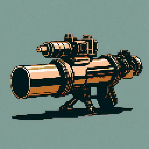 I want a big copper minigun viewed from from the side. It should not be on a stand but instead floating in the center of the frame. It should have strange mechanical details that could interlock with others. I want this object usable an asset in a videogame, meaning only one object per image, outlined with a strong black stroke, on a solid-color background. 