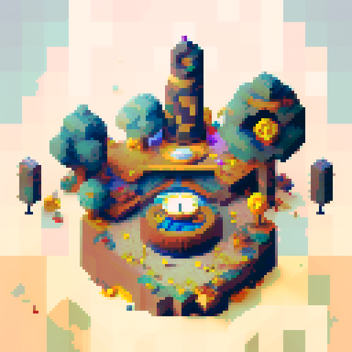 Hourglass, sand pouring into a pixelated landscape, clock hands spinning backwards, gears with intricate patterns, digital numbers melting into pixel blocks, pixelated sun rising and setting, pixel art clock face with moving hands, time warp with pixelated streaks, retro pixel art stopwatch, pixelated calendar pages flipping