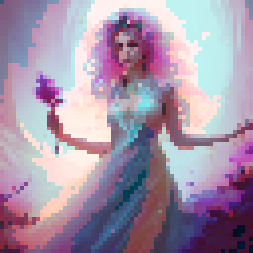 magic girl, flowing pastel-colored dress, long flowing hair, holding a glowing staff, surrounded by vibrant flowers and whimsical creatures, in a lush enchanted garden, with a hint of ethereal glow
