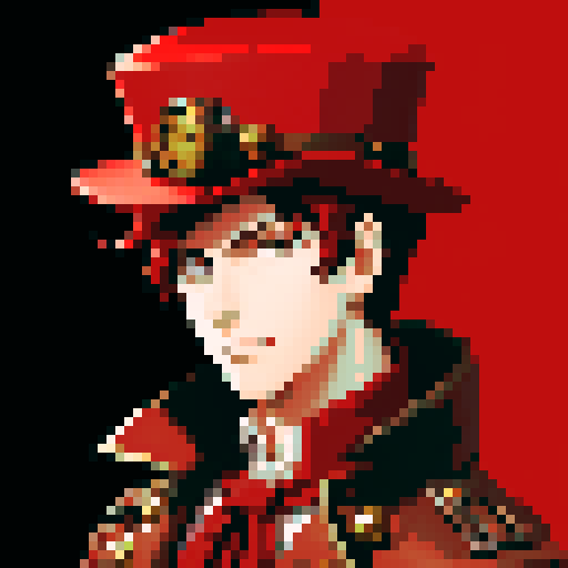A steampunk young man who has a red coat and a red hat