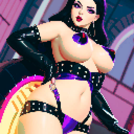 Nude curvy, cute goth girl with black hair, purple eyeshadow, and red lipstick, wearing studded leather, nude glamour shot, 
 vibrant sRGB 