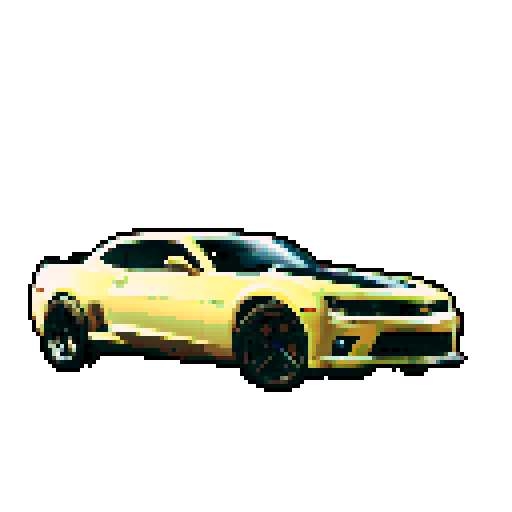 Photorealistic, centered Chevrolet Camaro in a three quarter view, right wheel in front, clean background, pixel art style with sRGB colors
