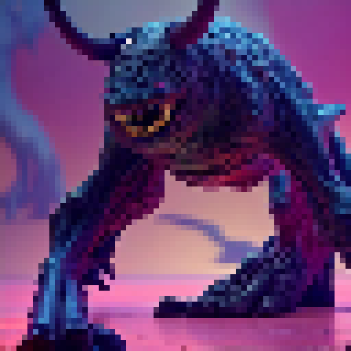  a massive, grotesque creature covered in oozing, pulsating tumors that exude toxic fumes. Its body resembles a nightmarish fusion of multiple animals, with mismatched limbs, twisted horns, and a misshapen head with glowing purple eyes. Its thick hide is almost impervious to physical attacks, and its movements are erratic and unpredictable. Its multiple legs end in razor-sharp claws that can rend through solid rock, and its massive, bulbous abdomen houses a gaping maw lined with rows of serrated