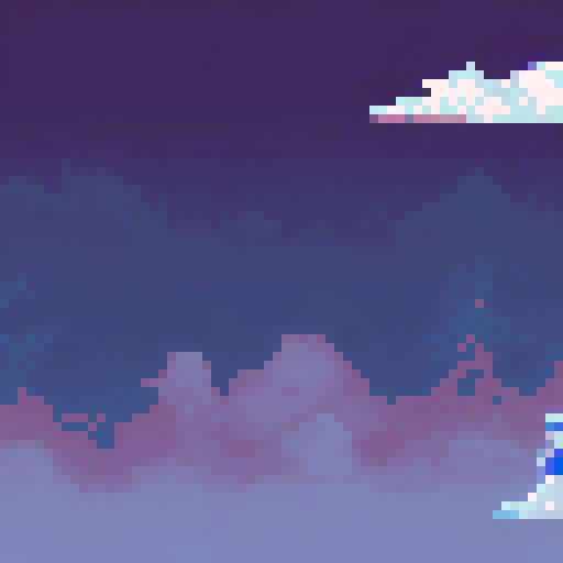 Can you generate a pixel art which resumes the following:

Once upon a time, in the mystical realm of Nephelia, where the skies were painted with hues of azure and clouds drifted peacefully, there lived a cute yet valiant creature known as Clood. Clood was not just any ordinary turtle; he was a guardian of the clouds, a protector of data, and a symbol of resilience against the forces of darkness.