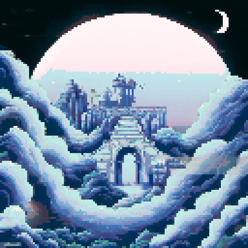 glowing crescent moon in the black sky, surrounded by glowing stars, floating above a grassy field