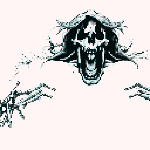 Skeleton monster grabbing with its bone hands, white background, high contrast, black and white only palette