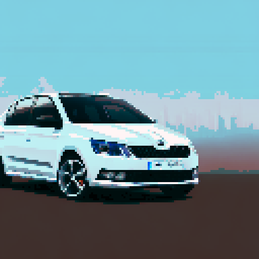 Photorealistic whole Skoda Rapid, centered, three-quarter view, right front wheel, clean background, sRGB colors, pixel art style