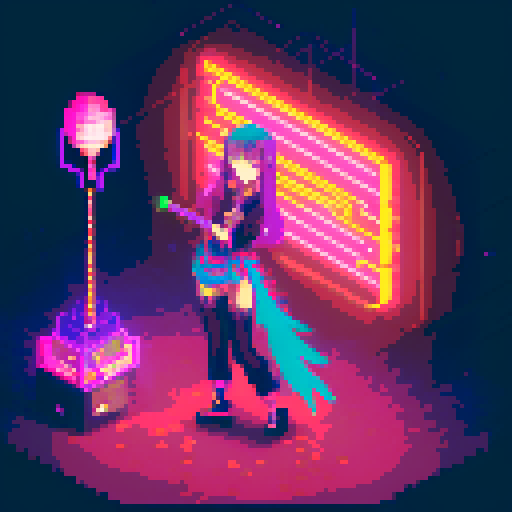 Mage anime girl with flowing hair, fluorescent tattoos, and a glowing staff, navigating through a purple neon-lit night market, vibrant colors, intricate patterns, retro aesthetics, pixel art