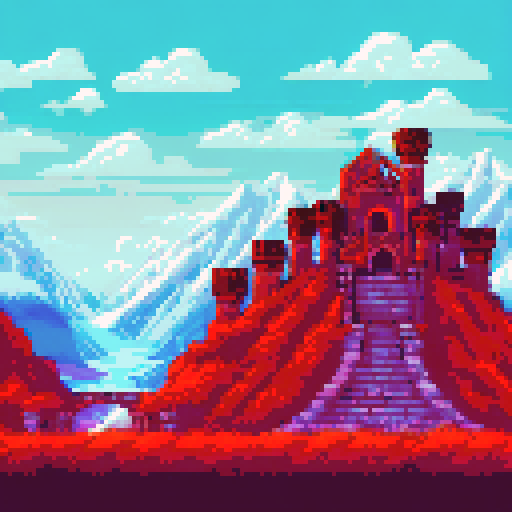 snow-capped mountains, dilapidated houses, ancient ruins, vibrant pixelated colors, sRGB palette, detailed background, awe-inspiring landscape