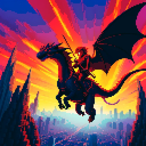 A rock guitarist riding a dragon, flying through a fiery sky above a futuristic city, brandishing his guitar like a sword