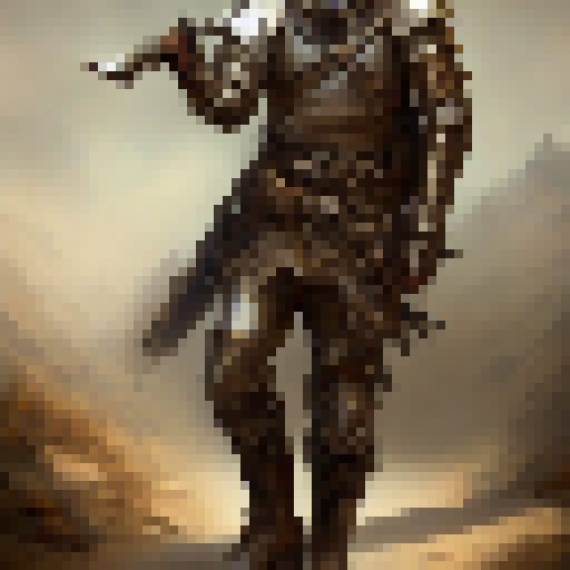 Soldier, full armor, sword, brown boots, chain mail 