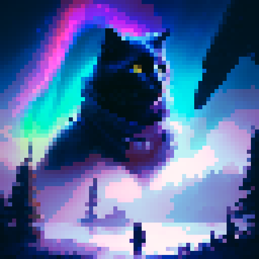 hyperrealistic silhouette of a black cat, galaxies and stars covering the night sky, aurora borealis, pixel art, sRGB