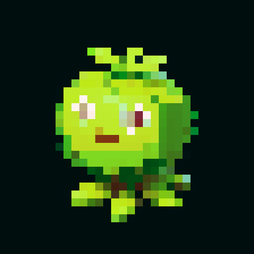 A slightly larger plant-like creature with more defined features, bark-like skin, and budding flowers. It has a friendly expression and a sturdy build. No background.
