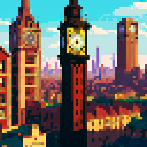 steam clock tower, towering above the bustling city with intricate gears and valves, emitting plumes of steam against a vibrant pixelated backdrop, showcasing the vivid colors of the sRGB spectrum