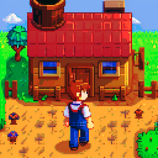 Stardew valley style, main character sprite, 32 pixel high x 16 pixels wide, brown hair, blue eyes, front view, side, view, rear view, and walking animation positions in all directions. High detail