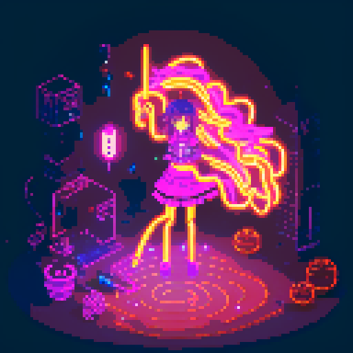 Mage anime girl with flowing hair, fluorescent tattoos, and a glowing staff, navigating through a purple neon-lit night market, vibrant colors, intricate patterns, retro aesthetics, pixel art