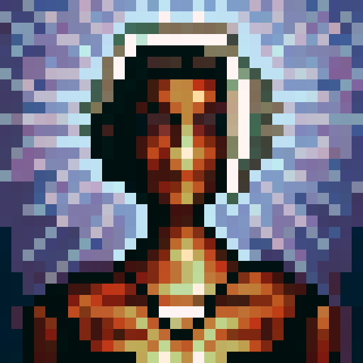 Castle, window, regal and alluring, stares seductively into the camera, her porcelain skin contrasting the dark shadows of the gothic castle looming behind her in a hauntingly beautiful 32x32 pixel art portrait fit for a game icon.