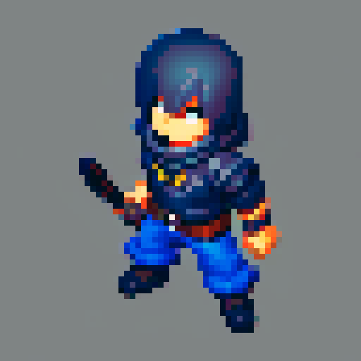 Game character rogue-like game with top view, regular guy with weapon and hand pet, cyberpunk, gray background, 16-bit, controls time, attack animation, attacks, attacking with a sword