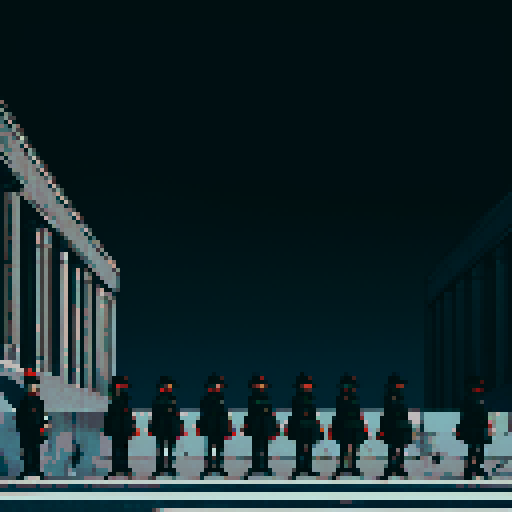 soldiers lined up, black uniforms, black hats, skull masks, lined up, facing camera, full-body image, black fortress, military base, black military building backdrop