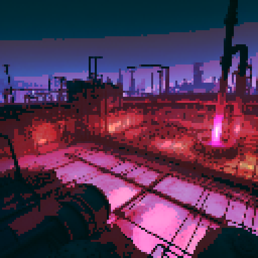 Corrosive Waste Factory
"A battleground viewed from a slightly elevated perspective, with a flat, corroded metal floor in the foreground. The edges of the arena are bordered by glowing pools of pinkish-purple toxic waste, with rusted machinery and pipes leaking hazardous material. The background rises slightly to show more industrial decay, with flickering lights enhancing the eerie atmosphere."