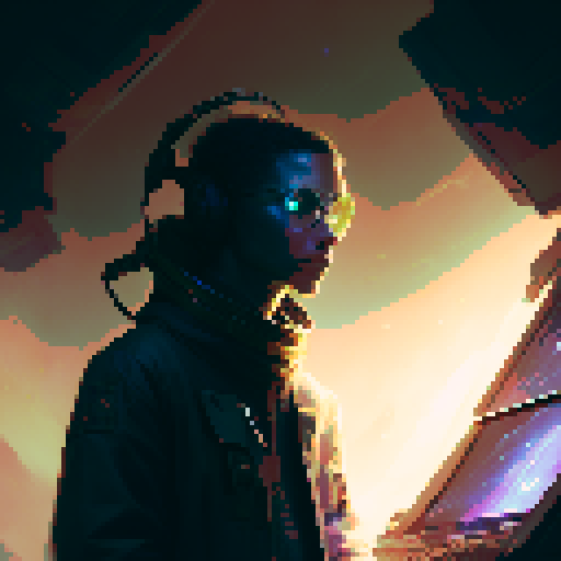 Solo male protagonist, wearing headphones, composing music, surrounded by mystical orbs, lost in a mesmerizing symphony, conjuring a fantastical world with every note, alone in a dim lit room