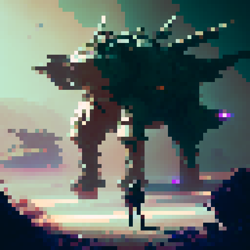 Create a futuristic pixel art game asset of a fierce warrior wielding a heavy-duty machine gun amidst a sci-fi landscape.