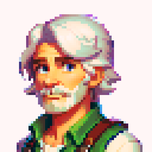 A Stardew valley style portrait for an NPC store owner character from the chest up. He is an older man with white hair in a ponytail,a navy and white aproned outfit, and brown eyes.