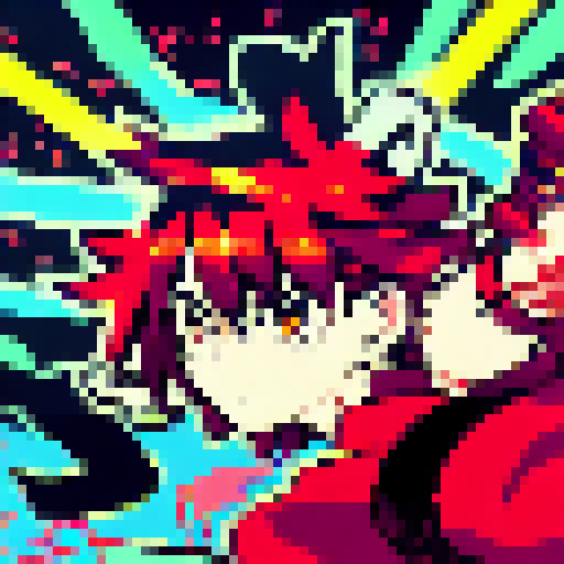 Cyber samurai charging forward, wielding electric katana, surrounded by neon lights and pixelated graphics in Yo-Hokki style.