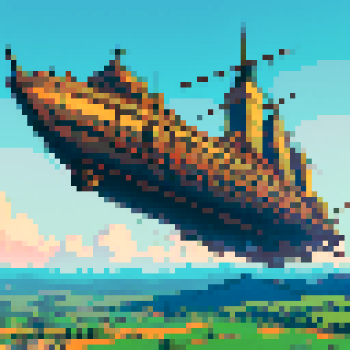Dieselpunk Airship, bustling sky city, vintage planes, vibrant colors, detailed pixel art, anime style