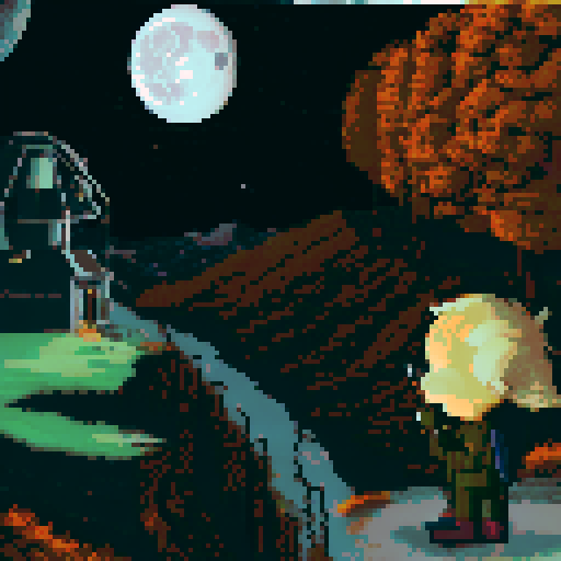 the main protagonist, gurney as seen in the bottom right is on a hill looking over a desolate area with sparse plant life up in flame. We see the back of his head, with his square jaw and a cigarette in his mouth, a golden gun in his hand. in the distance is a large laboratory, which has smoke coming out of it and a hole in the top. The sky is full of starts, a moon and a distant alien planet. Gurney must be present
