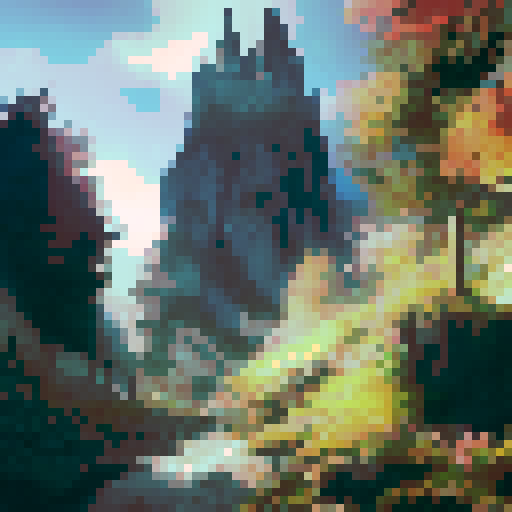 Gothic spires, misty mountaintops, and cascading waterfalls surround the towering castle in this stunning landscape portrait.