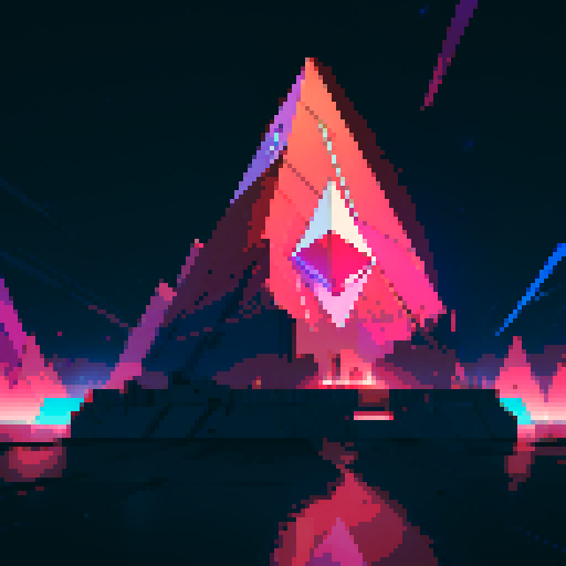 Ethereum logo, vibrant colors, pixelated squares, glowing lines, abstract composition, sRGB, intricate patterns, digital art, futuristic aesthetic, sharp edges, geometric shapes, neon glow, high contrast, detailed shading
