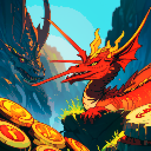 fire dragon with shimmering red scales, hoard of gold coins glimmering in the background, dragon leisurely lounging on top of a massive pile of gold coins, dragon's majestic form taking up the full canvas with intricate pixel art details in a vibrant sRGB color palette