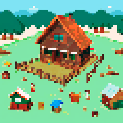 Seaside, completely brown log cabin, family playing, farm animals