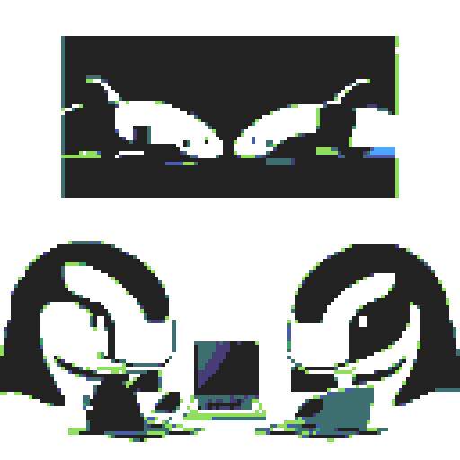 Three sleek black and white killer whales, focused and diligent at laptops