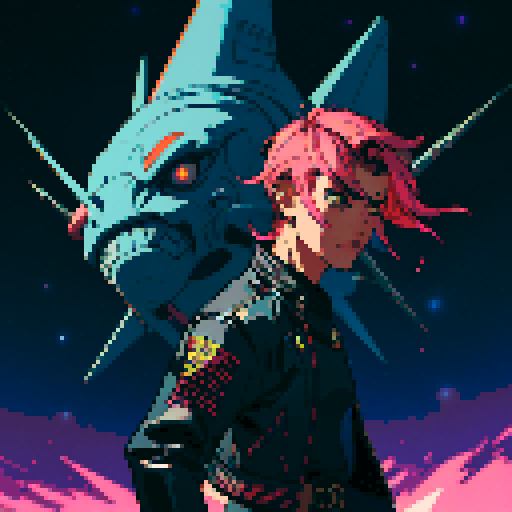 male character, dual-wielding knives, space pirate, leather jacket, vibrant colors, retro video game style, pixelated details, starry background, spaceship in the distance, intense action, dynamic poses