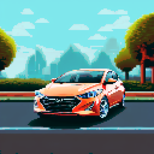 Photorealistic, centered Hyundai Elantra in a three quarter view, right wheel in front, clean background, pixel art style with sRGB colors