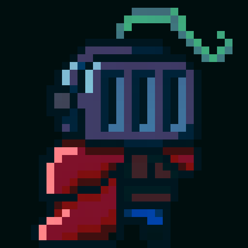 A simplistic chibi knight with a crimson cape and emerald ornamental feather on his helmet