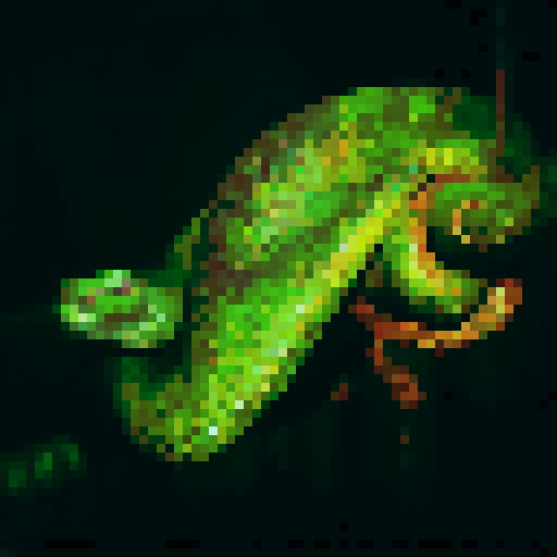 Green pit viper snake, night time, dark background