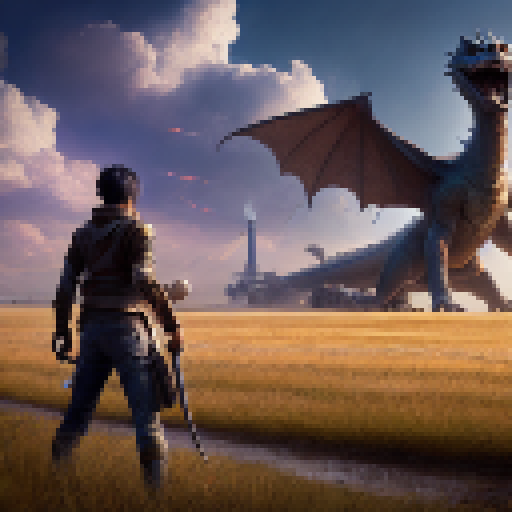 Eren from atack on titan, ready for battle with sword and shield, confronts a ferocious dragon-like beast in a sun-drenched wheat field, with a rustic barn and towering silo looming in the background, all rendered in a highly detailed and textured Fantasy RPG style.