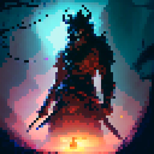 Samurai's fierce eyes glaring through blood-soaked hat, wielding a sleek katana in a mystical forest with glowing mushrooms, fireflies, and an approaching dragon in fantasy RPG style