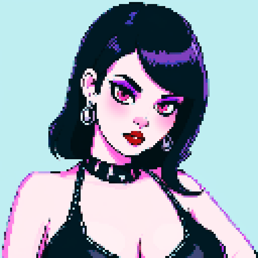 Cat girl, curvy, cute goth woman with black hair, purple eyeshadow, and red lipstick, wearing a bikini, studded collar, portrait, face avatar, in a glamour shot, sRGB color